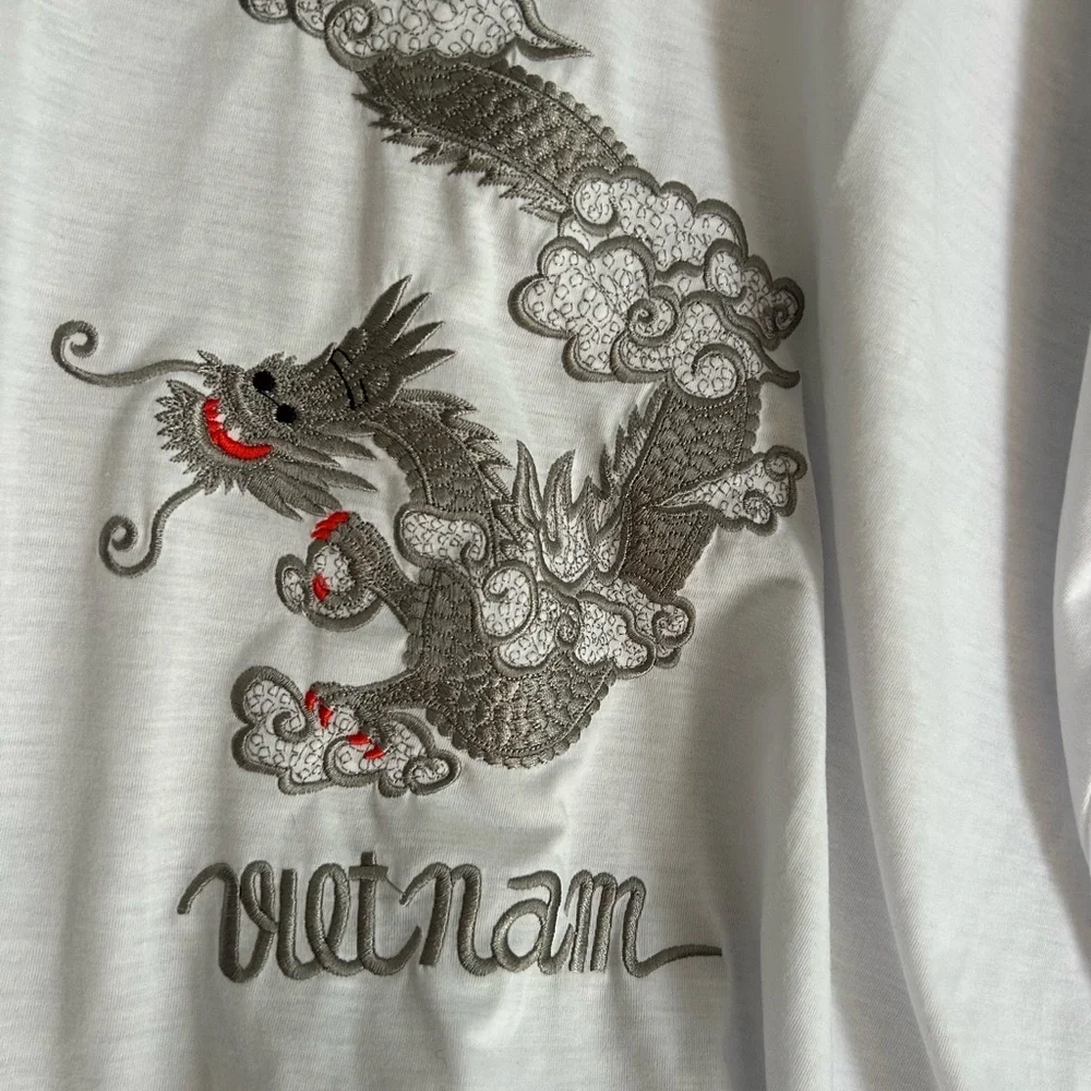 Vietnam Dragon Embroidered T-Shirt White Cotton Graphic Tee Men’s 3XL Travel - Picture 9 of 11